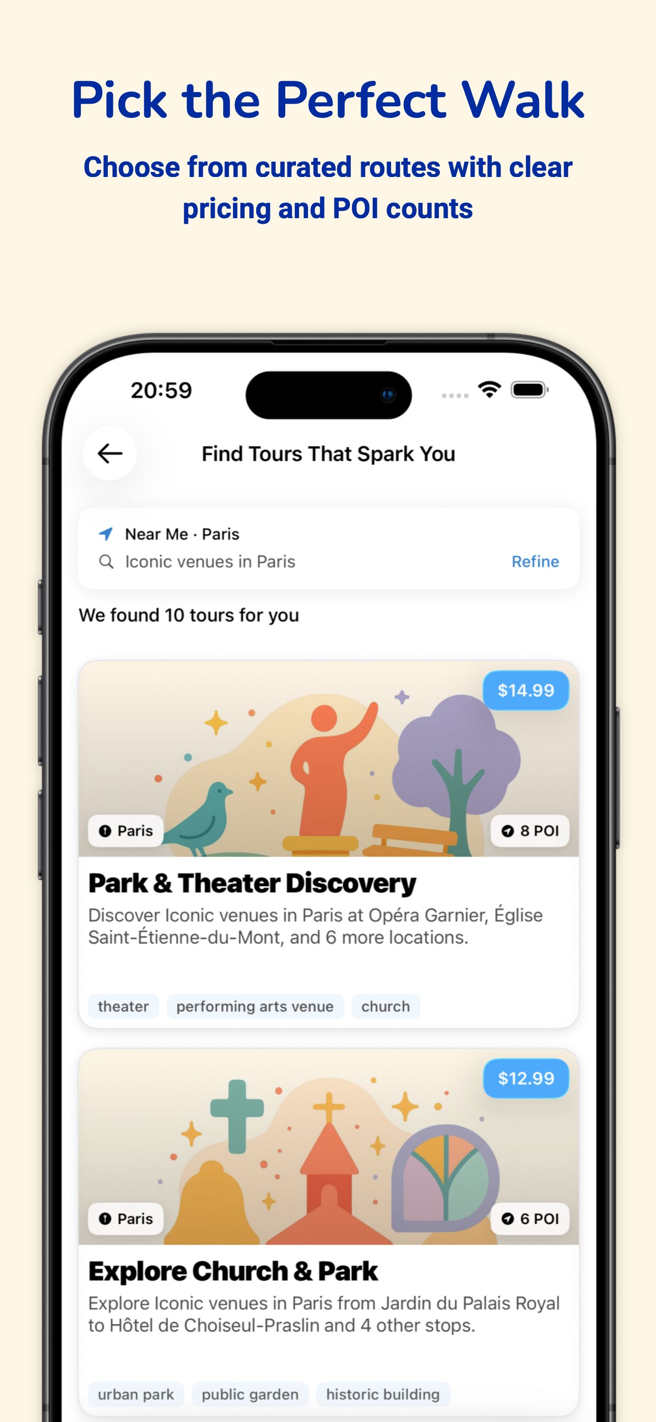 Tour list with pricing