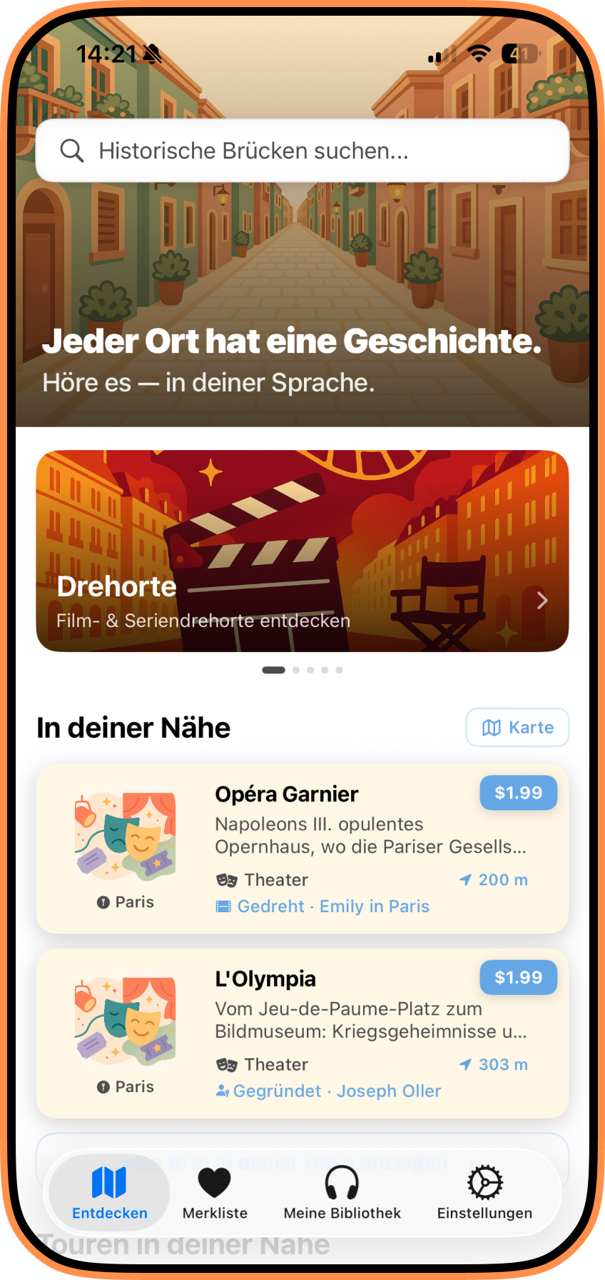 StreetLens Startbildschirm — Orte in der Nähe entdecken