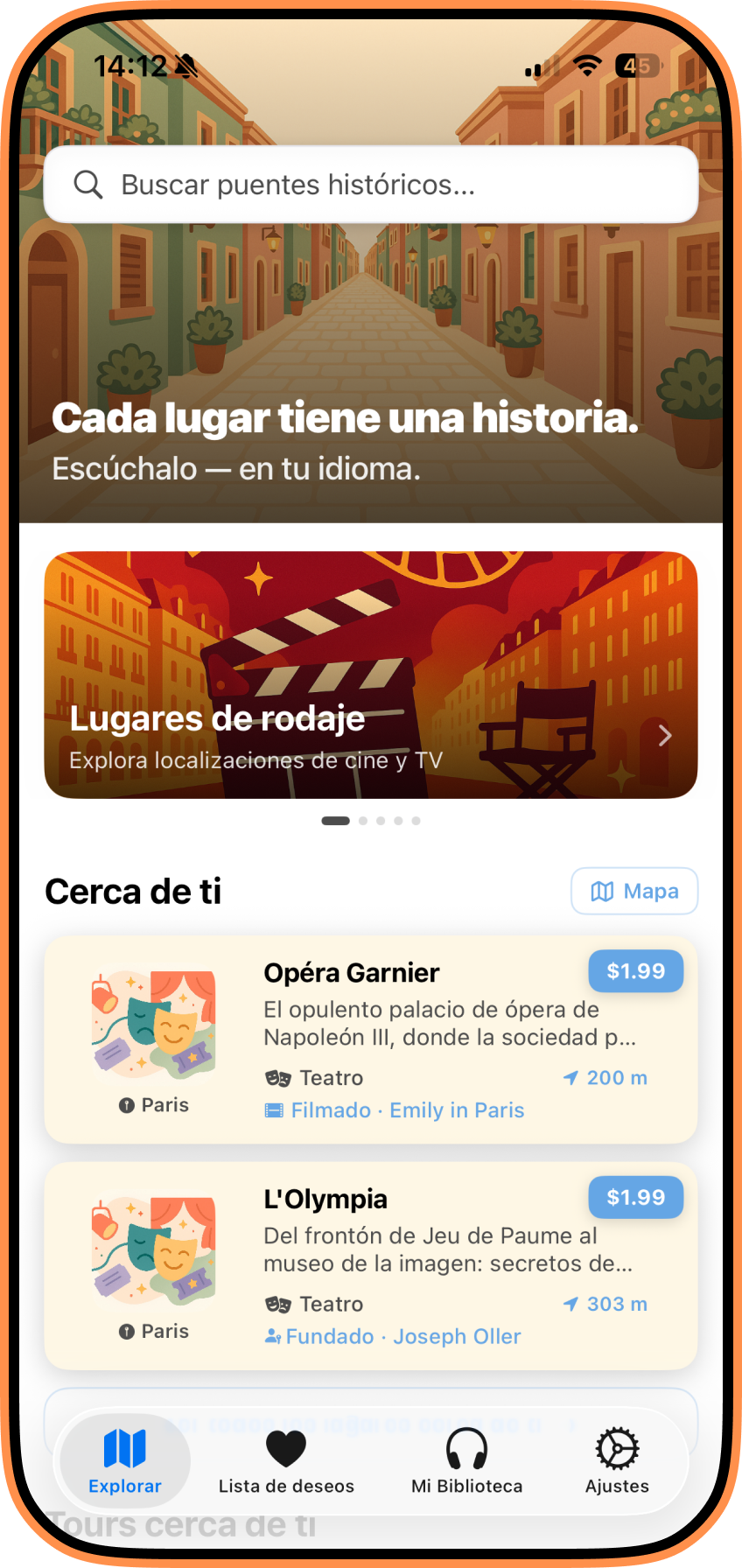 Pantalla de inicio StreetLens — explorar lugares cercanos