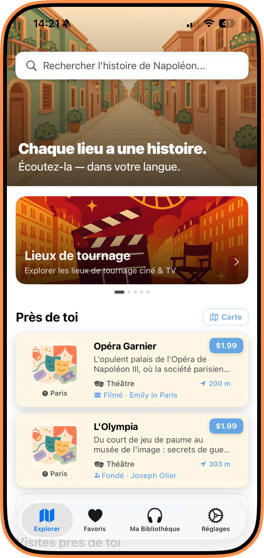 Écran d'accueil StreetLens — explorer les lieux à proximité