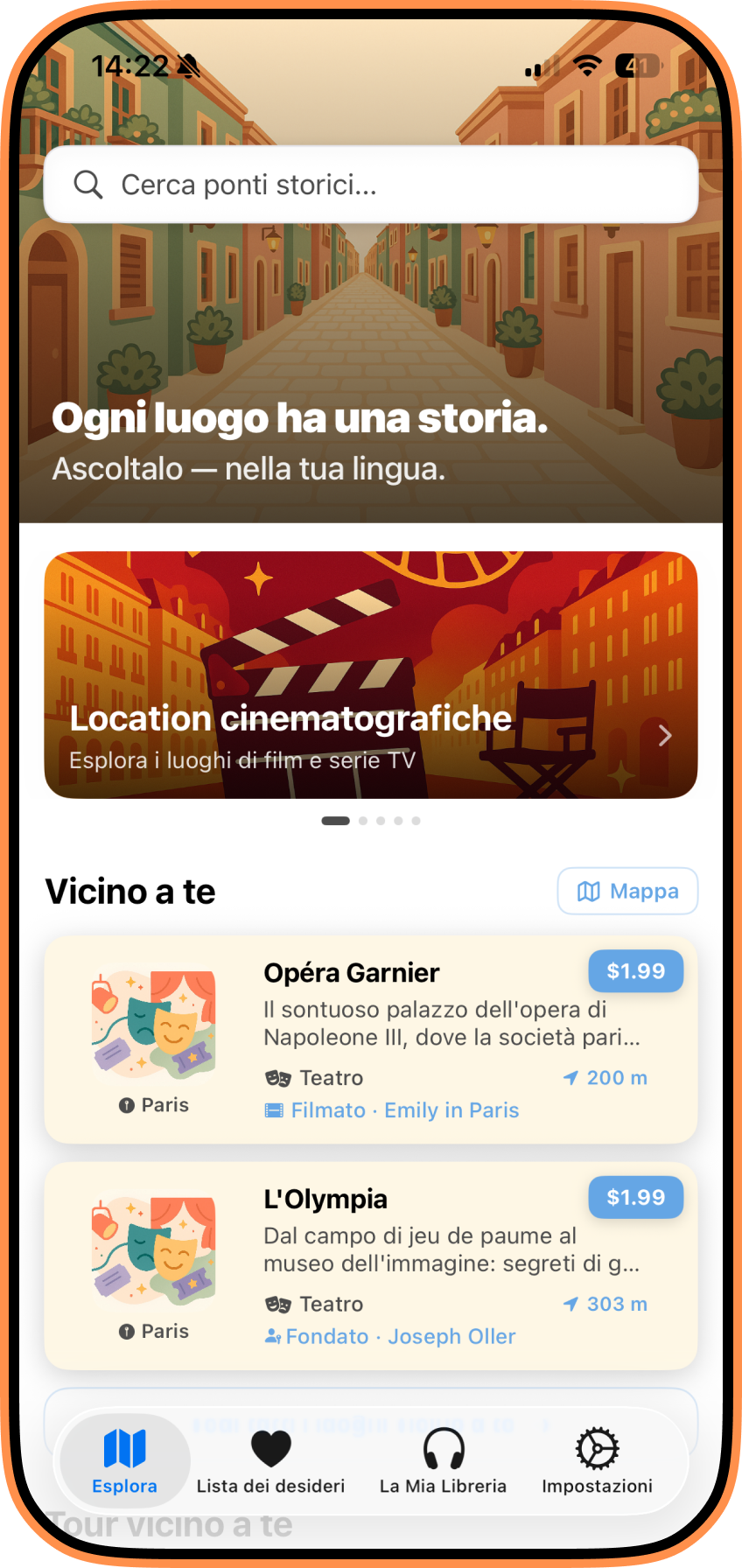 Schermata principale StreetLens — esplora i luoghi vicini