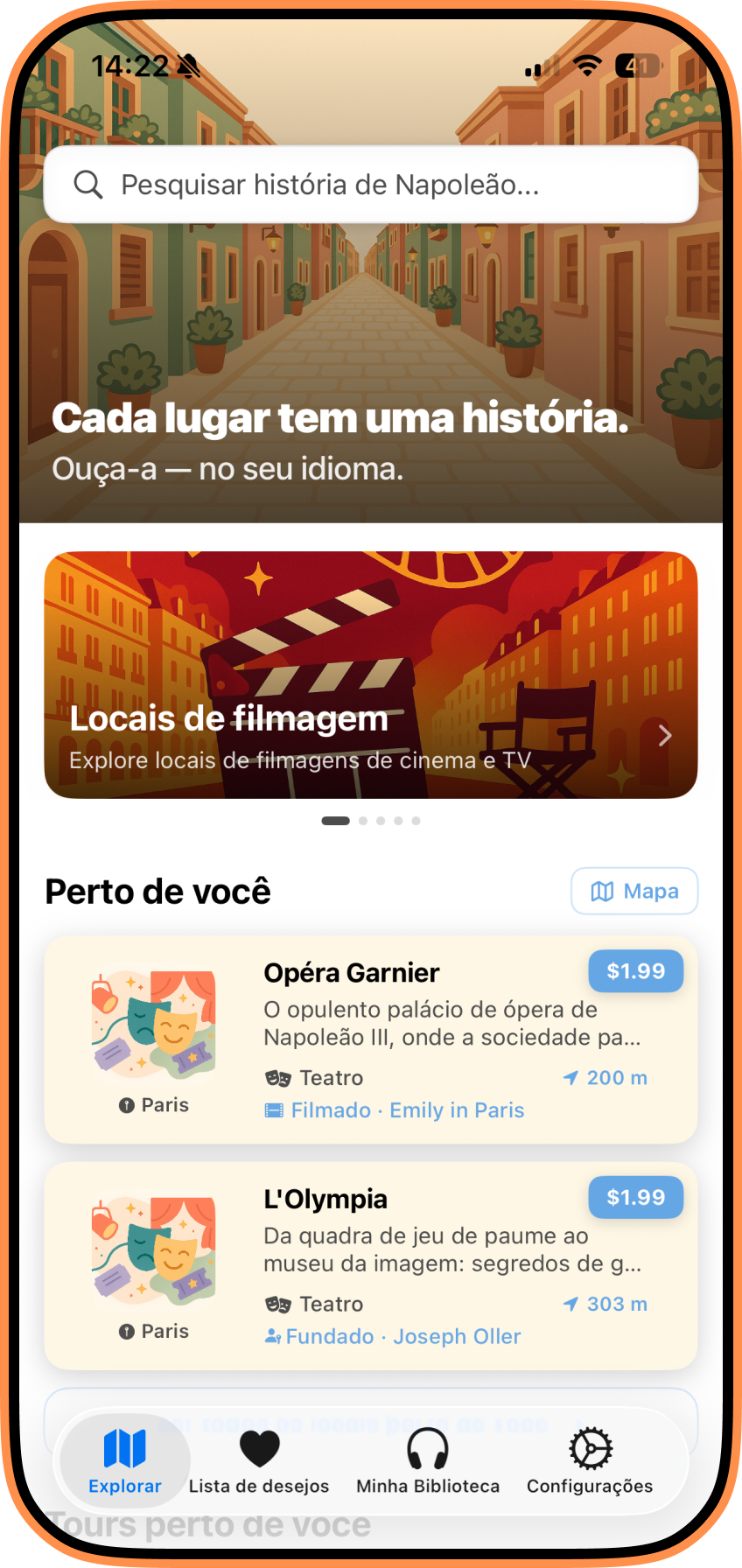 Ecrã inicial StreetLens — explorar lugares próximos